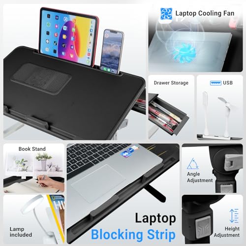 Adjustable Laptop Lap Desk with Cooling Fan USB Light for Adults 56x32cm,Black - color: Black,56-32cm
