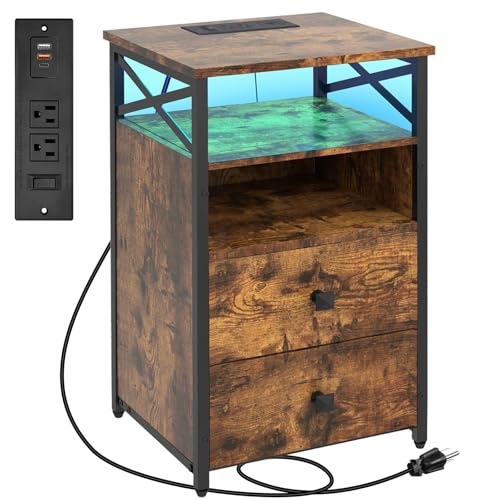 Livofloral LED Nightstand with Charging Station and Wood Drawers, Side Tables Living Room with Outlets, Farmhouse End Table with Storage, Bedside Table for Bedroom with LED Light, Brown - color: Brown, size: 1 Pack without Wireless Charging