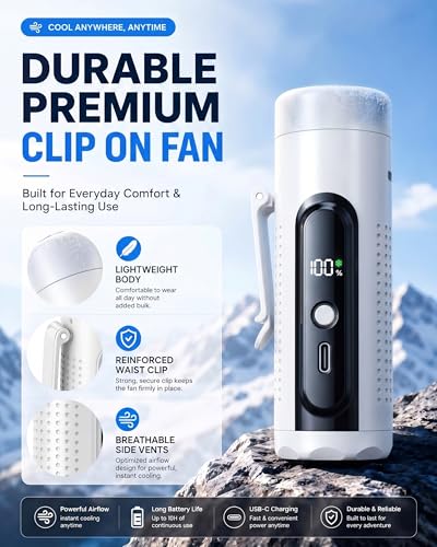 Mini Clip On Handheld Cooling Fan, 17000RPM 5 Speed Small Belt Fan with Ice Cooling Plate, Long Battery & LED Display, Portable Pocket Waist Fan for Travel Camping Hiking, Gifts for Men Women(White) - color: White