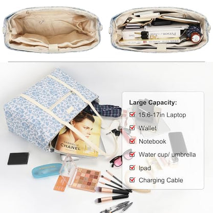 Laptop Tote Bag for Women 17.3 Inch, Water-resistant Work Bag with Compartments & 15 Pockets, Travel Cute Flower Computer Shoulder Purse for Teacher Office - color: Blue Flower