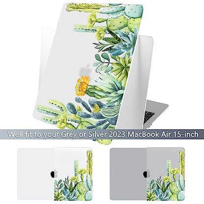 Batianda Case for MacBook Air 15" with M5 M4 M3 M2 Chip, Green Cactus | 4-in-1 Set with Watercolor Cactus Design, Lightweight Slim Hard Shell Protection For Students, Travelers and Nature Lovers - color: Cactus