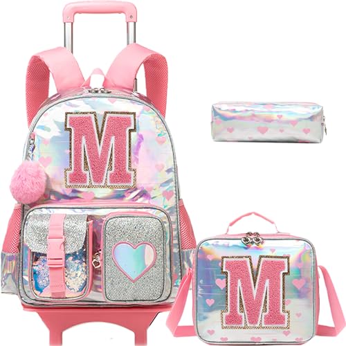 HTgroce Cute Rolling Backpack with Wheel,School Backpack for Kids Girl Roller Schoolbag Wheeled Backpacks Set Carry-on Luggage,Pink M - color: Pink, style: M