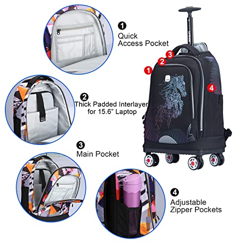 Rolling Backpack with Wheels for Travel, Roller Backpack for Women, Wheeled Laptop Bag Fits 15.6 Inch Notebook - color: Horse
