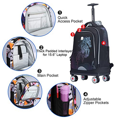 Rolling Backpack with Wheels for Travel, Roller Backpack for Women, Wheeled Laptop Bag Fits 15.6 Inch Notebook - color: Horse