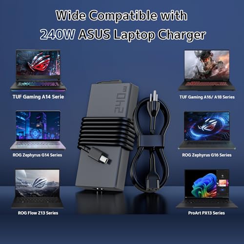 240W 20V 12A Charger Fit for ASUS Laptop ROG Zephyrus G16 G14 AC Adapter | GA605 GU605 GA403 Flow Z13 GZ302 TUF A14 A16 A18 FA401 Gaming V16 V3607 ProArt P16 PX13 Power Supply Cord | Rectangle Conn