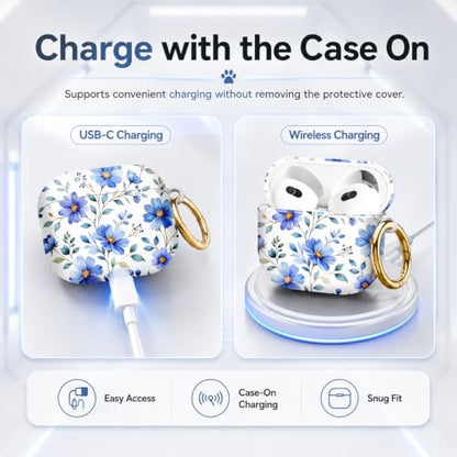 Compatible with AirPod 4 Case 2024, Cute Hard Plastic Protective Cover for Airpod 4th Generation Women, Shockproof Shell Skin with Gold Ring Keychain,Blue Flowers Green Leaf - color: Blue Flowers Green Leaf