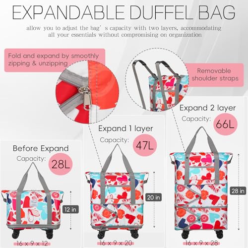 VOOWO Rolling Duffel Bag with Wheels - Foldable Expandable Duffle Bag with Wheels for Travel, Rolling Luggage Bag Wheeled Carry On Bag, Large Rolling Backpack Weekend Bags for Men Women (Love) - color: Love