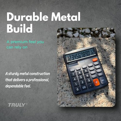 TRULY 12-Digit Desktop Calculator with Large Display, Big Buttons, Dual Power (Solar + Battery), Metal Finish, Ideal for Office, Home, School – 837A Pro Black - color: Black