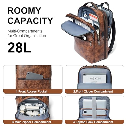 Vegan Leather Laptop Backpack for Women and Men Fits 16 Inch Laptop | Water Resistant,28L Expandable Computer Backpack Purse,USB Charging Port,Travel Work Business College Teacher Nurse - color: Two-toned Brown