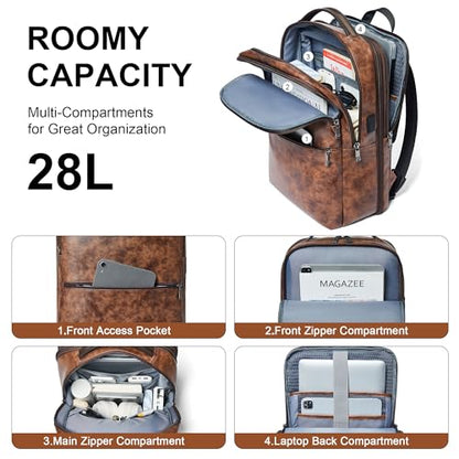 Vegan Leather Laptop Backpack for Women and Men Fits 16 Inch Laptop | Water Resistant,28L Expandable Computer Backpack Purse,USB Charging Port,Travel Work Business College Teacher Nurse - color: Two-toned Brown