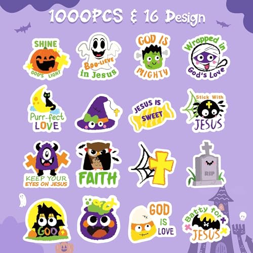Haooryx Halloween Religious Sticker Rolls - 1000Pcs Christian Religious Stickers Pumpkin Ghost Spider Bible Verse Self Adhesive Waterproof Vinyl Water Bottle Page Activity Pad Party Favor Junk Journal - style: Religious Theme Halloween 2Roll