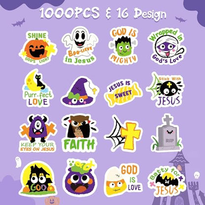 Haooryx Halloween Religious Sticker Rolls - 1000Pcs Christian Religious Stickers Pumpkin Ghost Spider Bible Verse Self Adhesive Waterproof Vinyl Water Bottle Page Activity Pad Party Favor Junk Journal - style: Religious Theme Halloween 2Roll