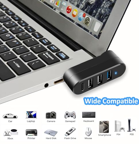 USB 3.0 Hub [90°/180° Degree Rotatable], 4-Port USB Splitter Extender with 3 USB Ports & 1 USB C Power/Data Port, USB Hub for Laptop, Car, MacBook Pro/Air/Pro