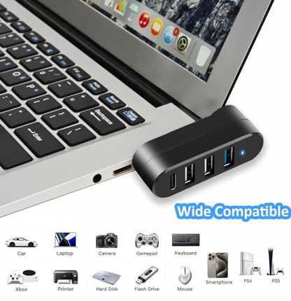 USB 3.0 Hub [90°/180° Degree Rotatable], 4-Port USB Splitter Extender with 3 USB Ports & 1 USB C Power/Data Port, USB Hub for Laptop, Car, MacBook Pro/Air/Pro