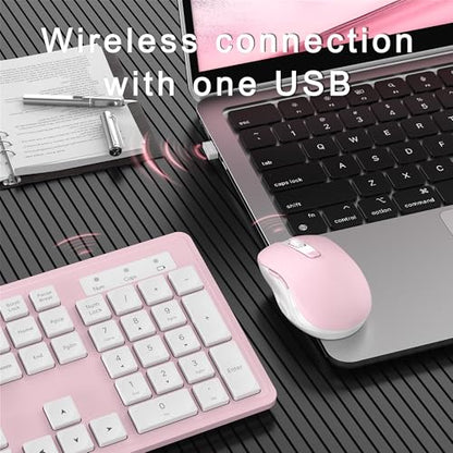MPTOG Wireless Keyboard and Mouse Combo, Full-Size 104-Key Office Keyboard with 15 Function Keys, Numeric Keypad, Single USB Receiver, Compatible with PC and Laptop(Pink White) - color: Pink White