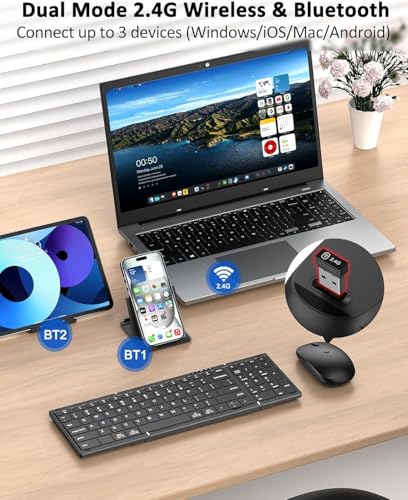 Foldable Keyboard and Mouse,Portable Full-Size Folding Wireless Keyboard Mouse Combo for Business Travel,2.4G+Bluetooth 5.0x2,USB-C Rechargeable,Compatible with iOS/Android/Windows/MacOS(Black)