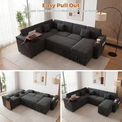 100" Modular Sectional Sleeper Sofa with Pull Out Bed/Side Table/USB Charging/Storage Chaise, U Shaped 7 Seat Corduroy Sofa with Storage Armrests/Cup Holders, Comfy Convertible Cloud Couch, Grey