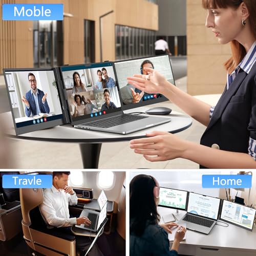14.2" Triple Laptop Screen Extender, Ultra-Thin FHD 1080P IPS Portable Monitor for Laptop, Aluminum Alloy Tri-Screen Travel Monitor, Plug & Play for Windows/Mac/Chrome, Fits 13"-17.3" Laptops - size: 14.2" Triple
