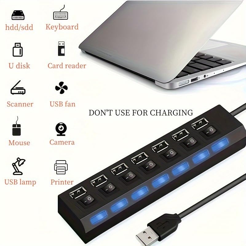 USB Hub, High Speed 7-Port Splitter with Individual LED Light Switches, Black, for PC and Laptop (black-7in1) - color: black-7in1