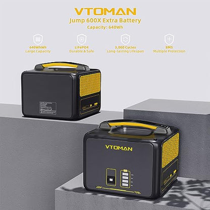 VTOMAN Jump600X 600W Portable Power Station with 640Wh Extra Battery, 939Wh Solar Generator LiFePO4 Battery, Peak 1200W AC Outlet, PD 60W USB-C, 3x12V/10A DC for Outdoor Camping, Off-grid, Home Backup - style: Jump 600X+Extra Battery