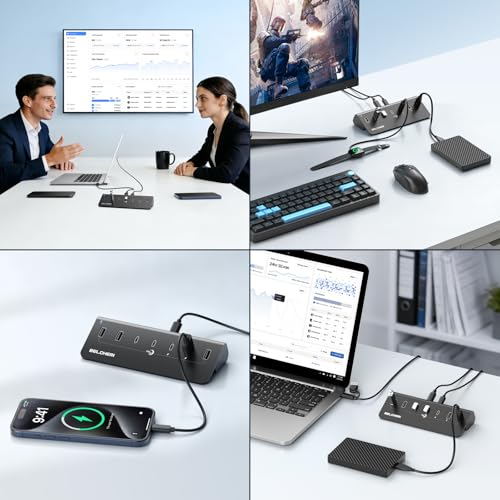7-Port Powered USB Hub, 10Gbps High-Speed Data USB Splitter (4 USB-A and 3 USB-C Ports), Aluminum Hub with 5V/3A Adapter, for Laptop, MacBook, iPhone 16/15