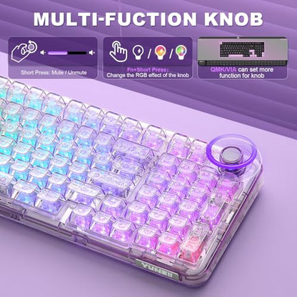 YUNZII X98 QMK/VIA Wireless Mechanical Gaming Keyboard with Knob,Tri-Mode BT5.0/USB-C/2.4GHz Hot Swappable Keyboard,Pre-lubed Switches Gasket Mount RGB Backlit for Wins/Mac (Purple, Crystal Switch) - color: Purple, size: Crystal Switch