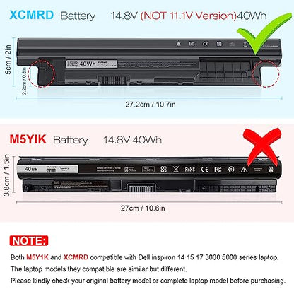 40Wh XCMRD FW1MN 4WY7C Battery for Dell Inspiron 15 3000 3542 3543 3531 3541 3521 3537,15R 5537 5521,17R 5721 5737,17 3737 3721,14 3421 3437 3443,14R 5421 5437,Vostro 2521 2421,Latitude 3540 3440 P28F - size: 10.7*2*0.78inch XCMRD