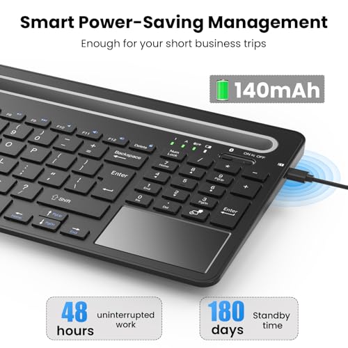 Silent Keyboard with Touchpad, Wireless Bluetooth Multi-Device | 3-in-1 Bluetooth 2.4G USB Wired, Rechargeable with Silicone Stand for PC Mac iPad Phone, Black