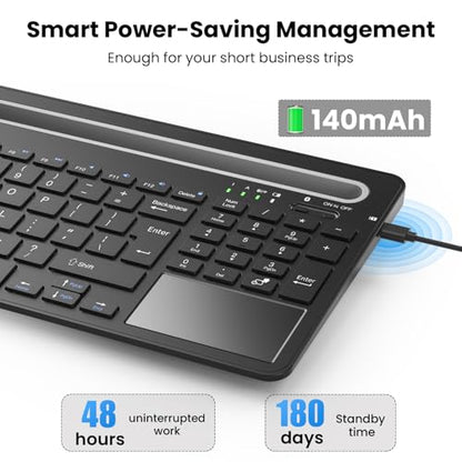 Silent Keyboard with Touchpad, Wireless Bluetooth Multi-Device | 3-in-1 Bluetooth 2.4G USB Wired, Rechargeable with Silicone Stand for PC Mac iPad Phone, Black