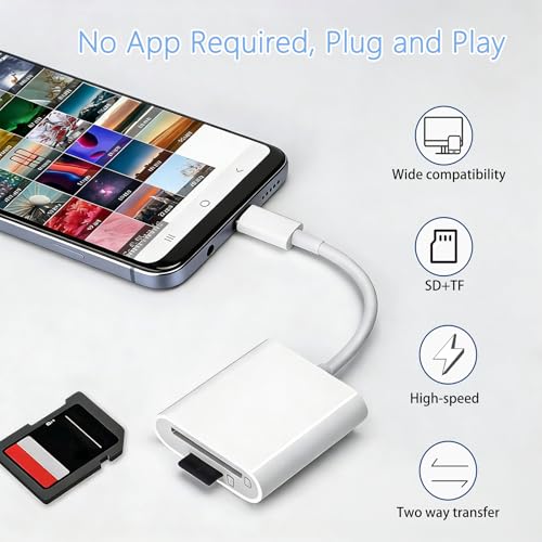 USB C SD Card Reader, Dual Slot SD & MicroSD Adapter for iPhone | Dual-slot SD & microSD reader for iPhone, iPad, MacBook, Android and USB-C devices; plug and play for camera photos.