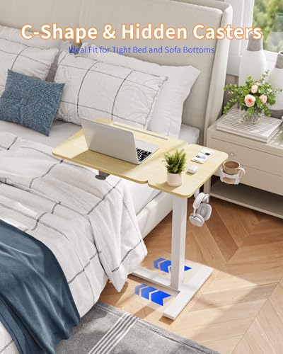 YIHAYO Adjustable Overbed Bedside Table with Wheels, 28 x 16 Inches Electric Mobile Standing Desk, Laptop Desk, Movable Overbed Tables Hospital Home Use, Natural - color: White Frame/Natural Top, size: 28*16 Inch
