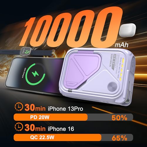 SEANCHEER P05 Portable Charger, Magnetic Power Bank, Small PowerBank, Battery Pack10000mAh Travel Essentials Fast Charging with Built in Cable, Foldable Wall Plug for iPhone,Samsung,Andriod (Purple) - color: Purple