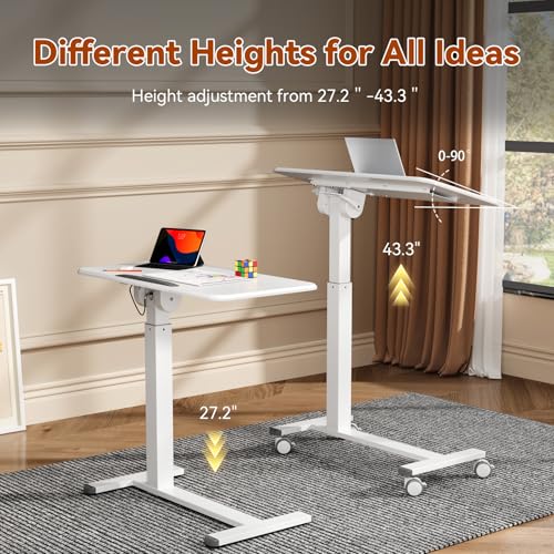 Mobile Standing Desk, Left/Right Rolling Bedside Table | 90° Foldable Laptop Desk with Wheels, Height Adjustable Portable Computer Cart for Hospital Home Use, White - color: White