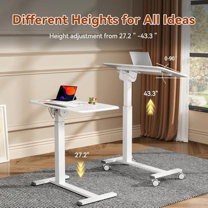 Mobile Standing Desk, Left/Right Rolling Bedside Table | 90° Foldable Laptop Desk with Wheels, Height Adjustable Portable Computer Cart for Hospital Home Use, White - color: White