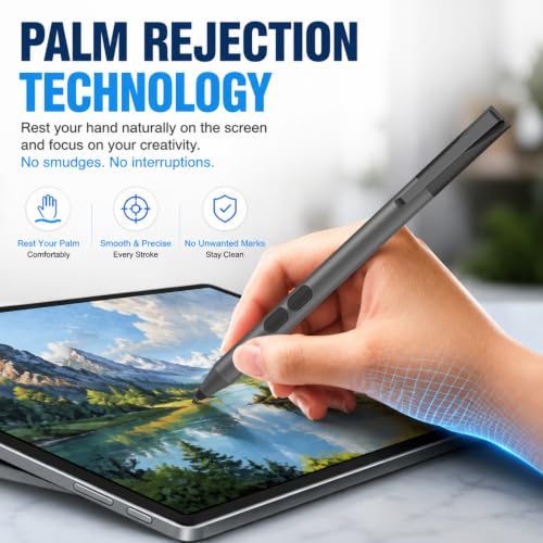 Active Pen for HP Omnibook Envy x360 Spectre Pavilion, Palm Rejection | 1024 Pressure Levels, 300-Day Battery, Dual Side Button, No Bluetooth, MPP 1.51 for Drawing & Note-taking - color: Black