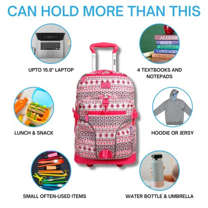 J World Lunar Rolling Backpack. Laptop Bag With Wheels. Wheeled Carry-On Travel Luggage, Skandi Pink, 19.5 x 13 x 8 Inches