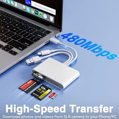 Memory Stick Pro Duo Adapter - 4-in-1 USB C/Lightning/USB-A to SD/TF/MS/XD Card Reader, High-Speed Photo Video Transfer from Camera to iPhone/Tablet/Computer