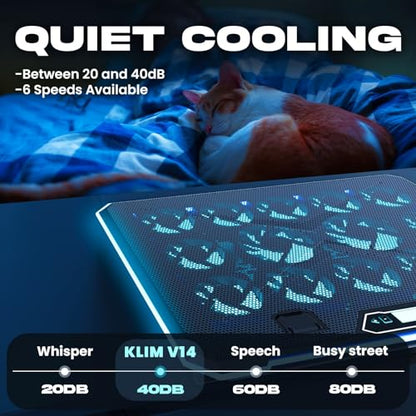 KLIM V14 Gaming Laptop Cooling Pad with 14 Fans + Gaming Laptop Cooler + Stable RGB Laptop Stand with Fan + Compatible up to 17 Inches + 2 USB Ports + Mobile Phone Holder + 5 Years Protection | Adjustable tilt angle - integrated mobile phone holder - 5 ye