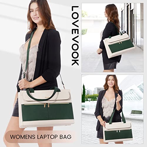 LOVEVOOK Laptop Tote for Women - 15.6 Inch Professional Leather Computer Briefcase with Waterproof Handbag Shoulder Bag Large Capacity Business Teacher Office Crossbody Purse - color: Dark Green/Beige-1, size: 15.6 Inch