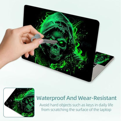 Universal Laptop Skin Decal, 3-Piece Vinyl Protector for 12 13 14 15.6" Notebook, Waterproof Anti-Scratch, Easy Trim & Bubble-Free Finish, Green Fire Skull in Hood - color: Green Fire Skull in Hood