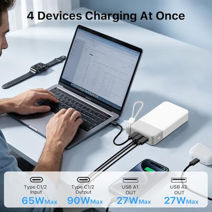 NOBIS Portable Charger 20000mAh 90W Power Bank w/Detachable Cable | 2C+2A USB-C Fast Charging Battery Pack with LED Display,Battery Bank for Laptops, Tablets, Phones and Steam Deck - color: White
