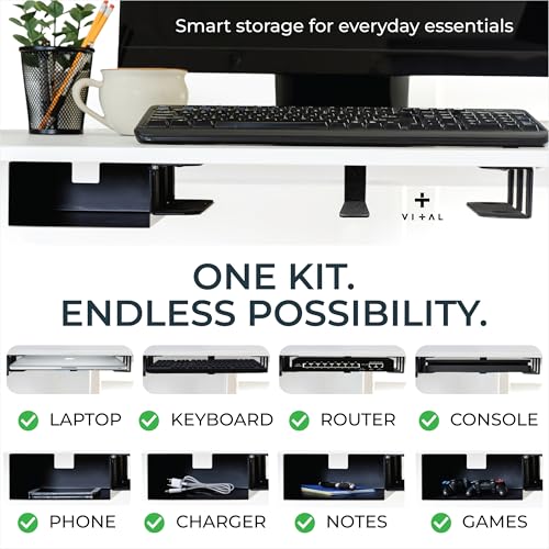 VI+AL Under Desk Laptop Mount - Hidden Metal Shelf with Side Storage - Installs with Tape & Screws - Fits Devices up to 1.7" Thick - Standard (No Hook or Cable Organizer) - style: Standard