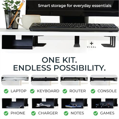 VI+AL Under Desk Laptop Mount - Hidden Metal Shelf with Side Storage - Installs with Tape & Screws - Fits Devices up to 1.7" Thick - Standard (No Hook or Cable Organizer) - style: Standard