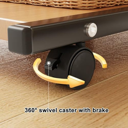 Over Bed Table with Wheels Movable Sofa Side Table with Storage Pockets Space-Saving C-Shaped Side Table with Solid Wood Tabletop for Living Room, Bedroom(Brown) - color: Brown