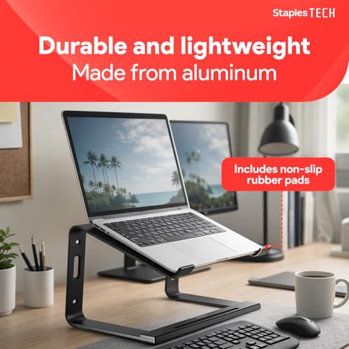 Staples TECH Aluminum Laptop Stand, Black, 11.2” x 10.2”, Ergonomic Cooling Riser for Notebook/MacBook/PC - style: Black