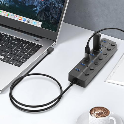 90 Degree USB Hub Splitter YACSEJAO USB 2.0 Data Hub with Individual LED Button On/Off Switch DC5.5 * 2.1 Power Port for Laptop,PC Computer (7 Ports, 1M) - size: 1M, style: 7 Ports