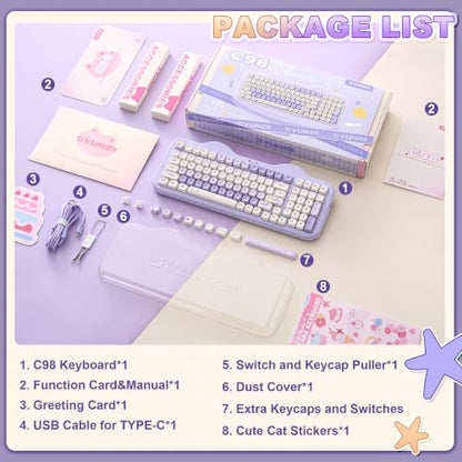 YUNZII C98 Wireless Mechanical Keyboard with Number Pad,99 Key BT5.0/2.4G/USB-C Hot Swap Gasket Mount with PBT MOA Keycaps,Custom RGB,Cute Cake Keyboard for Win/Mac (Purple, Milk V2 Linear Switch) - color: Purple, size: Milk V2 Linear Switch