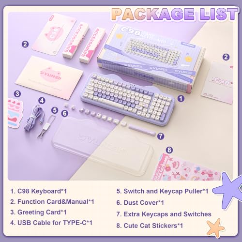 YUNZII C98 Wireless Mechanical Keyboard with Number Pad,99 Key BT5.0/2.4G/USB-C Hot Swap Gasket Mount with PBT MOA Keycaps,Custom RGB,Cute Cake Keyboard for Win/Mac (Purple, Milk V2 Linear Switch) - color: Purple, size: Milk V2 Linear Switch