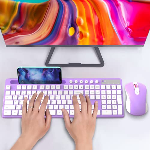 Wireless Keyboard and Mouse Combo, MARVO 2.4G Ergonomic Wireless Computer Keyboard with Phone Tablet Holder, Silent Mouse with 6 Button, Compatible with MacBook, Windows (Purple) - color: Purple