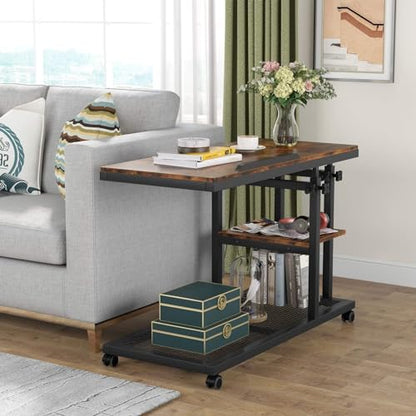 Tribesigns Height Adjustable C Table with Wheels, Mobile Couch Snack Side Table with Tiltable Drawing Board, Sofa Bedside Laptop Stand C Shaped TV Tray with Storage Shelves (Brown) - color: Rustic Brown